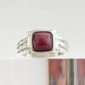 Red Agate Square Bezel Set Vintage Sterling Silver Ribbed Cabochon Ring - sz 9